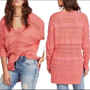NWT Free People Pink Hot Tropics V Neck knit Oversized Tunic Sweater size Small